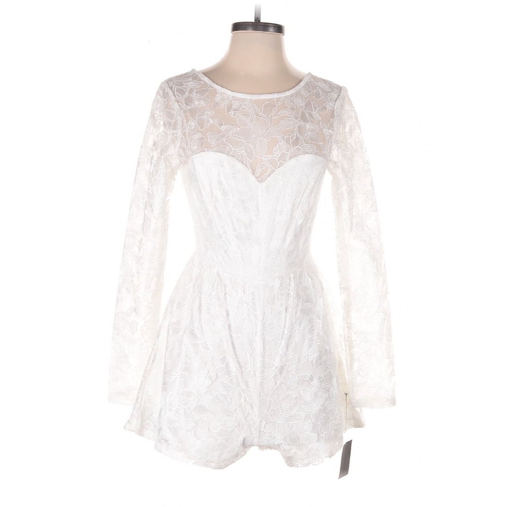 Lulus White Lace Romper Long Sleeve V-Back Size S Bridal Coquette Fairycore